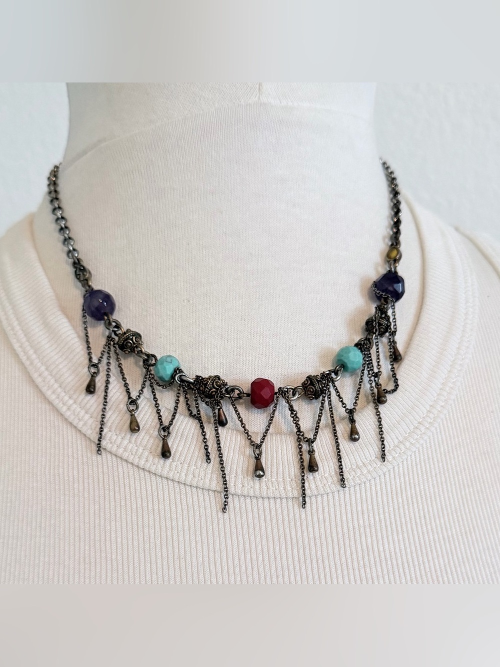 Lucky Brand Red, Turquoise & Purple Beaded Fringe Necklace